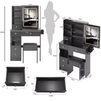 Coiffeuse avec miroir et lumières, Petite table de maquillage avec tiroirs et armoire, Coiffeuse avec tabouret et prise de courant pour chambre à coucher