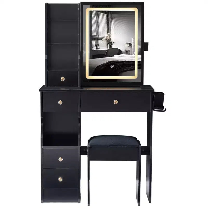 Makeup Vanity Desk with Mirror and Lights, Small Makeup Table Set with Drawers & Cabinet, Dressing Table with Stool & Power Outlet for Bedroom