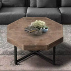 Table basse octogonale en bois, style rustique, avec pieds en métal, pour salon