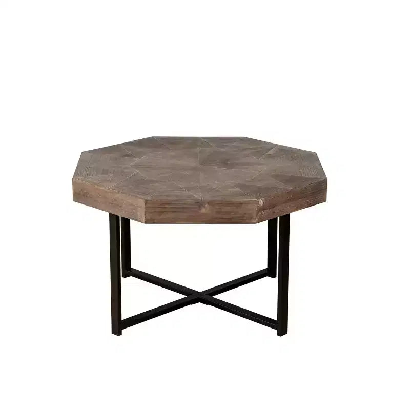 Table basse octogonale en bois, style rustique, avec pieds en métal, pour salon