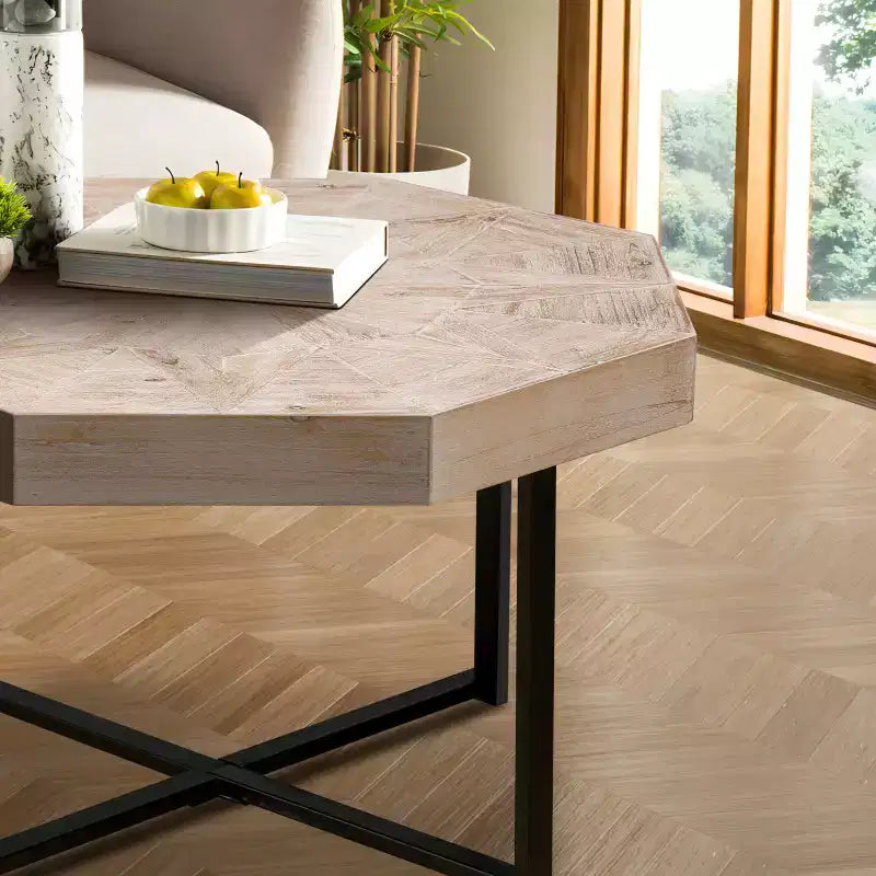 Table basse octogonale en bois, style rustique, avec pieds en métal, pour salon