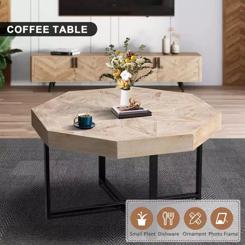 Table basse octogonale en bois, style rustique, avec pieds en métal, pour salon