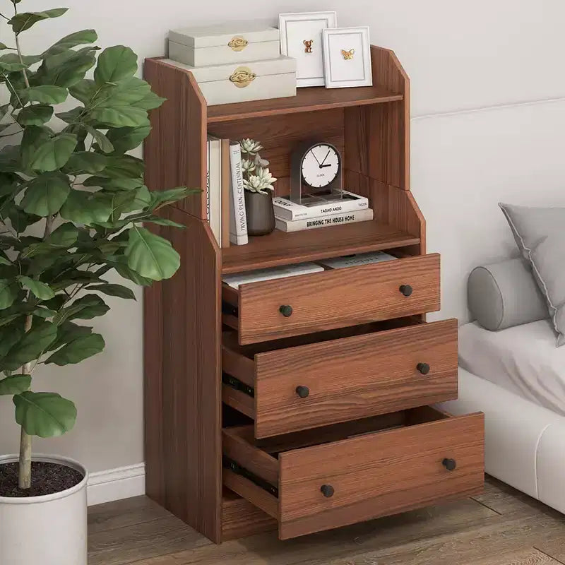 Commode à 3 tiroirs Costway, 44 po de hauteur, meuble de rangement en bois avec 2 étagères ouvertes, Noyer