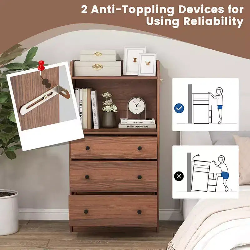 Commode à 3 tiroirs Costway, 44 po de hauteur, meuble de rangement en bois avec 2 étagères ouvertes, Noyer
