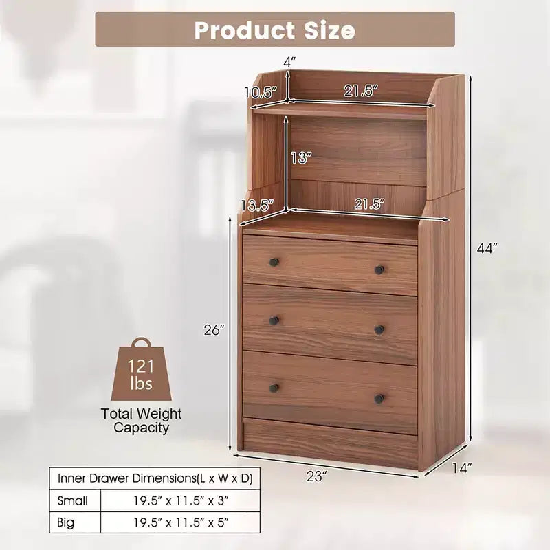 Commode à 3 tiroirs Costway, 44 po de hauteur, meuble de rangement en bois avec 2 étagères ouvertes, Noyer