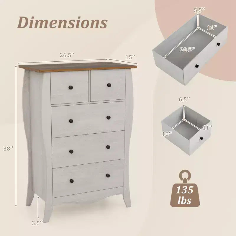 Costway Lot de 2 commodes de 96,5 cm style Ferme avec 5 tiroirs pliables en tissu et kit anti-basculement