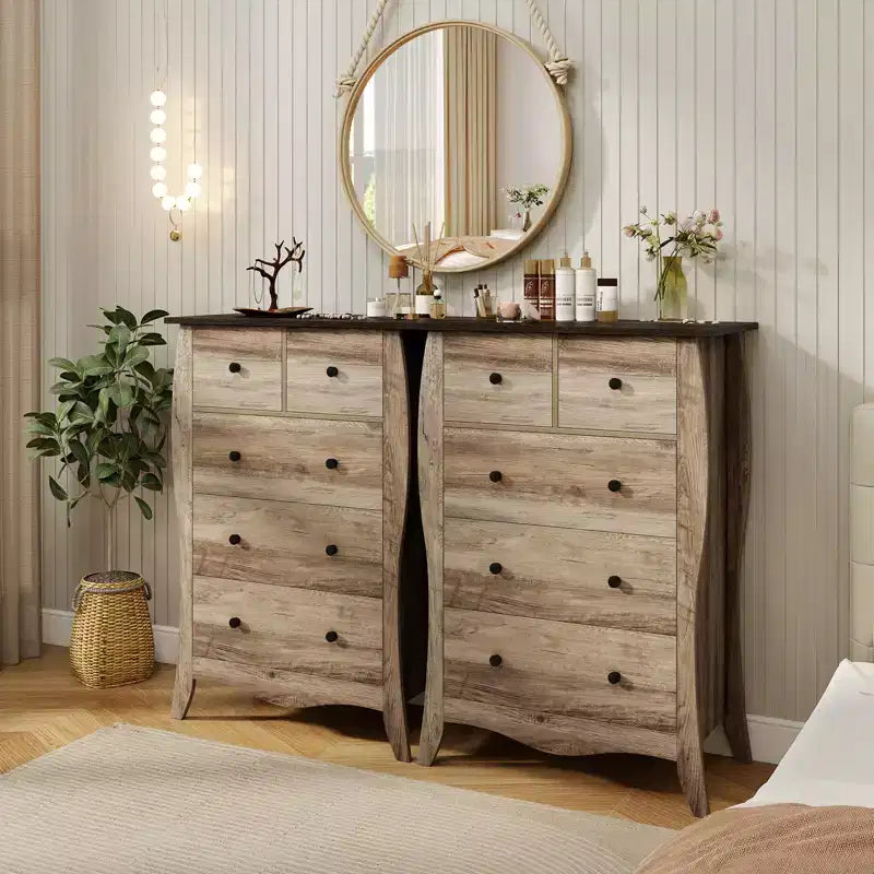 Costway Lot de 2 commodes de 96,5 cm style Ferme avec 5 tiroirs pliables en tissu et kit anti-basculement