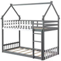 Costway Twin Over Twin Bunk Bed w/ Fence & Ladder Solid Wood Floor Bunk Bed for Kids Gray