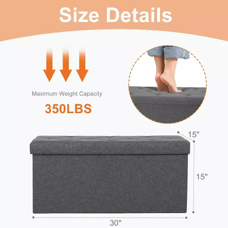 Banc de rangement pliant TUYOHW 24/35 gallons, banc de bout de lit rembourré en mousse épaissie pour chambre à coucher et salon, capacité de 272 kg, gris foncé