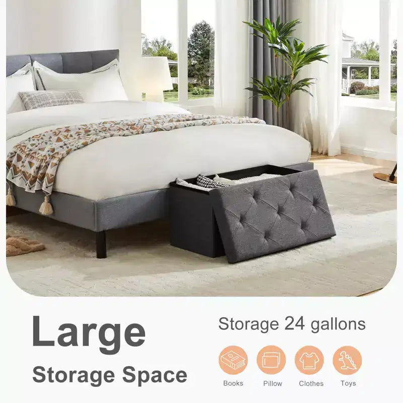 Banc de rangement pliant TUYOHW 24/35 gallons, banc de bout de lit rembourré en mousse épaissie pour chambre à coucher et salon, capacité de 272 kg, gris foncé