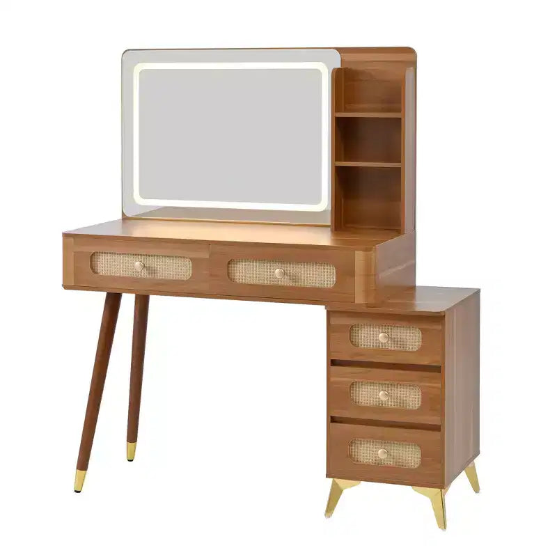 Coiffeuse Okak de 47 po avec miroir réglable à 3 modes, coiffeuse avec tiroir en rotin, table de toilette pour chambre à coucher, salon