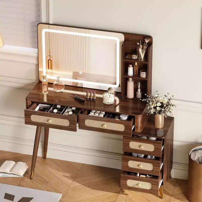 Coiffeuse Okak de 47 po avec miroir réglable à 3 modes, coiffeuse avec tiroir en rotin, table de toilette pour chambre à coucher, salon