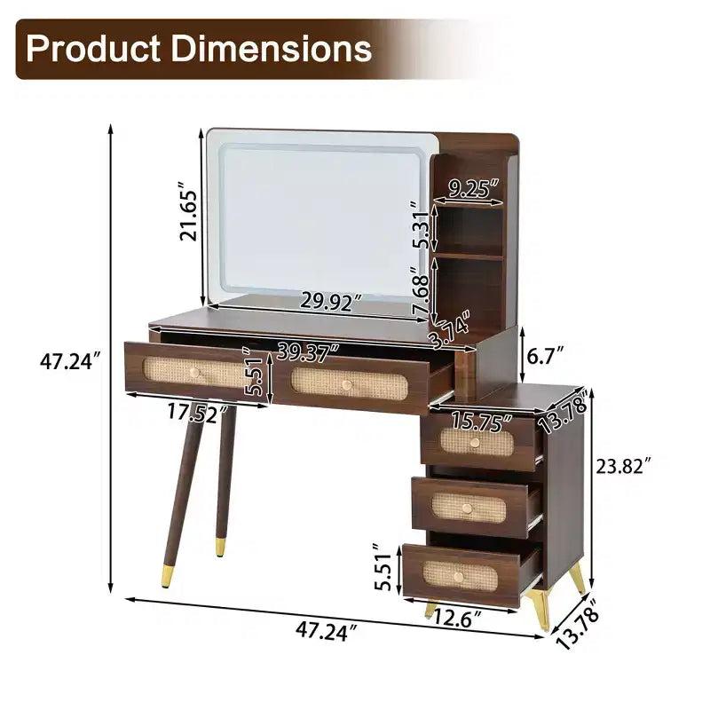 Coiffeuse Okak de 47 po avec miroir réglable à 3 modes, coiffeuse avec tiroir en rotin, table de toilette pour chambre à coucher, salon