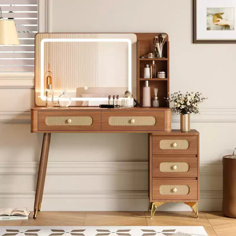 Coiffeuse Okak de 47 po avec miroir réglable à 3 modes, coiffeuse avec tiroir en rotin, table de toilette pour chambre à coucher, salon