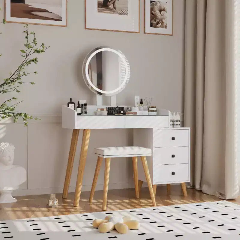 Coiffeuse moderne Okak avec miroir LED, coiffeuse avec design extensible et 1 tabouret, coiffeuse pour fille pour chambre à coucher, salon, blanc