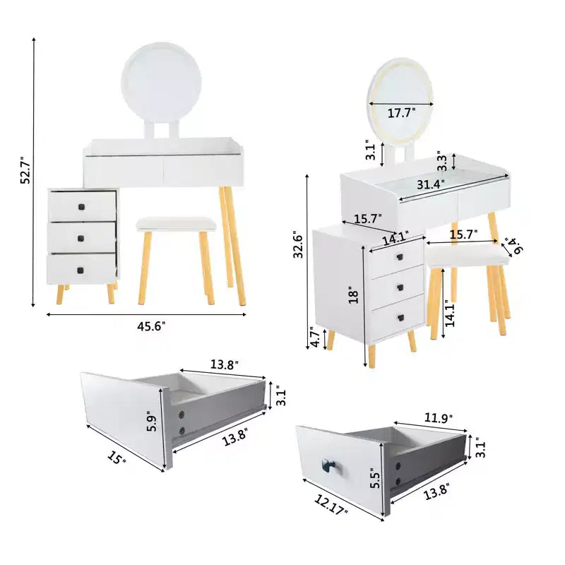 Coiffeuse moderne Okak avec miroir LED, coiffeuse avec design extensible et 1 tabouret, coiffeuse pour fille pour chambre à coucher, salon, blanc