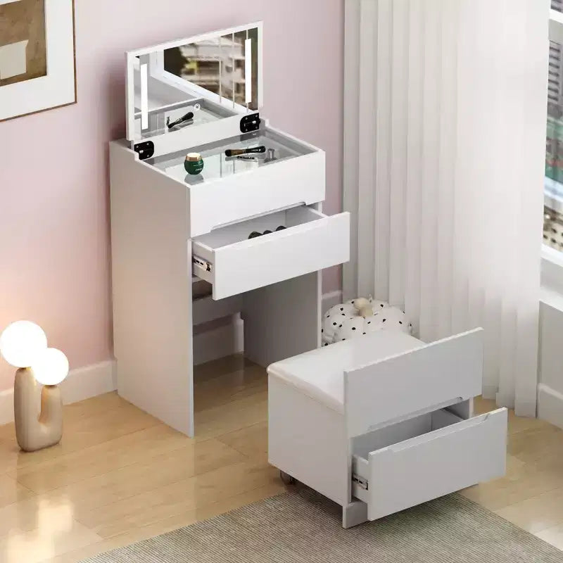 Coiffeuse 3-EN-1 Okak avec plateau en verre visible et miroir rabattable, coiffeuse de maquillage avec 3 tiroirs et 1 tabouret, coiffeuse compacte pour chambre, blanc