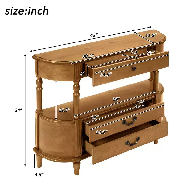Console Rétro Courbée Luxystar 43'' avec 3 Tiroirs et Étagère de Rangement pour Salon et Couloir, Marron