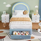 Cadre de lit double rembourré LED - avec tiroir de rangement et tête de lit arc-en-ciel, lit plateforme princesse en polaire berbère pour enfants, support de lattes en bois massif