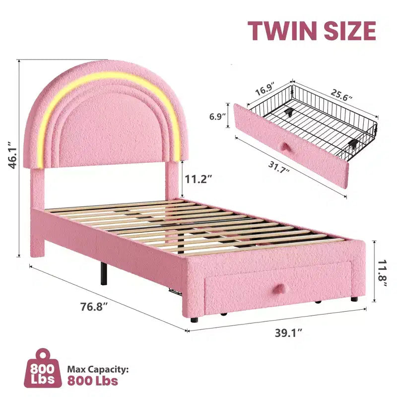 Cadre de lit double rembourré LED - avec tiroir de rangement et tête de lit arc-en-ciel, lit plateforme princesse en polaire berbère pour enfants, support de lattes en bois massif