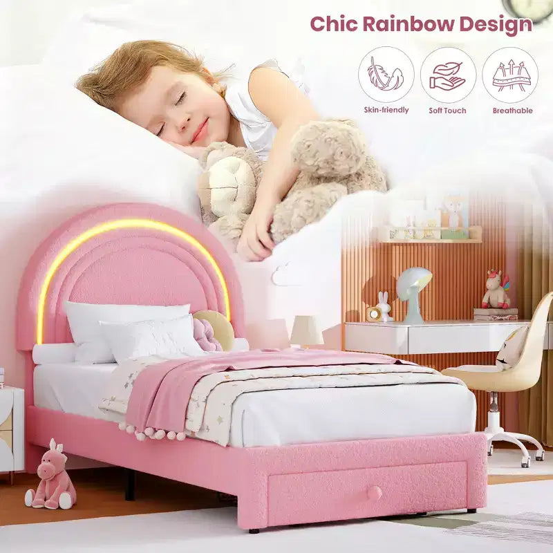 Cadre de lit double rembourré LED - avec tiroir de rangement et tête de lit arc-en-ciel, lit plateforme princesse en polaire berbère pour enfants, support de lattes en bois massif