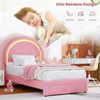 Cadre de lit double rembourré LED - avec tiroir de rangement et tête de lit arc-en-ciel, lit plateforme princesse en polaire berbère pour enfants, support de lattes en bois massif