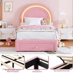 Cadre de lit double rembourré LED - avec tiroir de rangement et tête de lit arc-en-ciel, lit plateforme princesse en polaire berbère pour enfants, support de lattes en bois massif