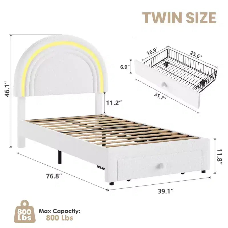 Cadre de lit double rembourré LED - avec tiroir de rangement et tête de lit arc-en-ciel, lit plateforme princesse en polaire berbère pour enfants, support de lattes en bois massif