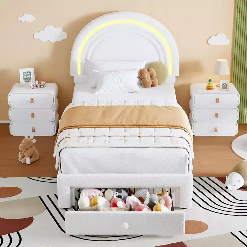 Cadre de lit double rembourré LED - avec tiroir de rangement et tête de lit arc-en-ciel, lit plateforme princesse en polaire berbère pour enfants, support de lattes en bois massif