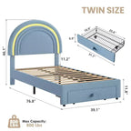Cadre de lit double rembourré LED - avec tiroir de rangement et tête de lit arc-en-ciel, lit plateforme princesse en polaire berbère pour enfants, support de lattes en bois massif