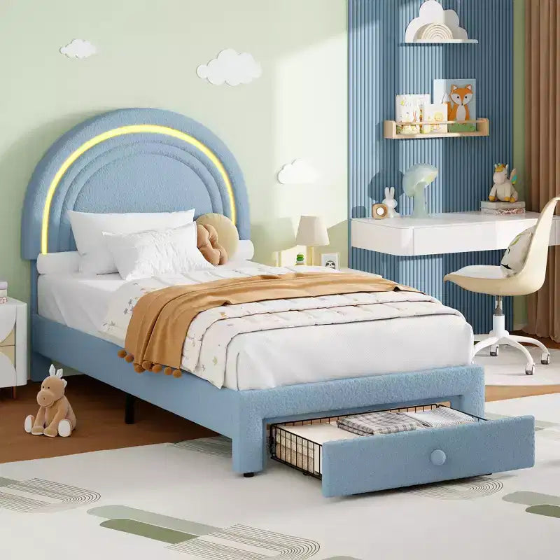 Cadre de lit double rembourré LED - avec tiroir de rangement et tête de lit arc-en-ciel, lit plateforme princesse en polaire berbère pour enfants, support de lattes en bois massif