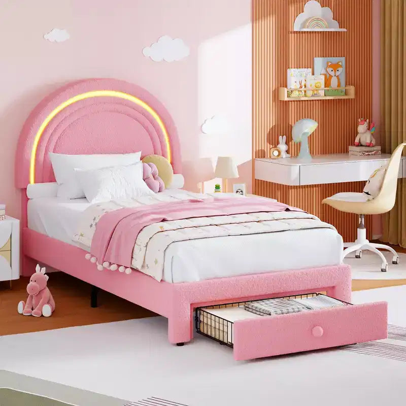 Cadre de lit double rembourré LED - avec tiroir de rangement et tête de lit arc-en-ciel, lit plateforme princesse en polaire berbère pour enfants, support de lattes en bois massif