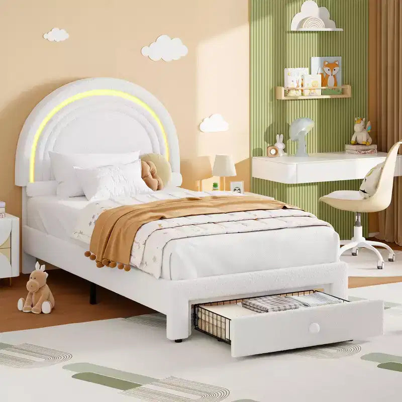 Cadre de lit double rembourré LED - avec tiroir de rangement et tête de lit arc-en-ciel, lit plateforme princesse en polaire berbère pour enfants, support de lattes en bois massif