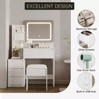 Coiffeuse avec miroir et LED, prise de courant, lumière réglable 3 couleurs, 4 tiroirs, étagères de rangement et tabouret pour chambre à coucher