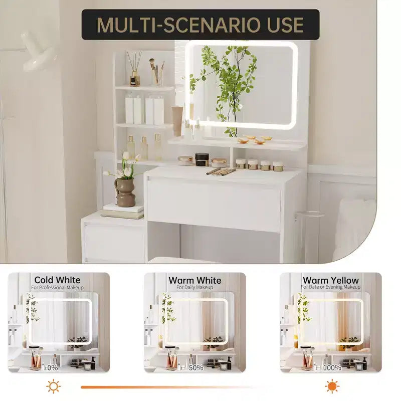 Coiffeuse avec miroir et LED, prise de courant, lumière réglable 3 couleurs, 4 tiroirs, étagères de rangement et tabouret pour chambre à coucher