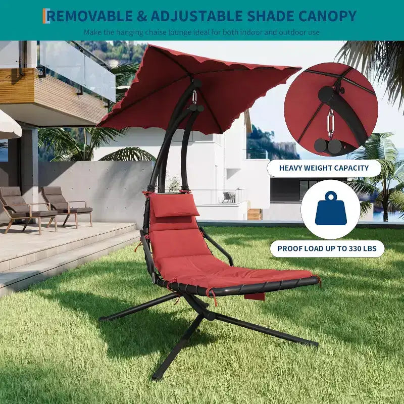 Acekool Chaise longue suspendue, Transat hamac incurvé avec auvent pour extérieur et intérieur, patio, jardin, rouge/vert/gris