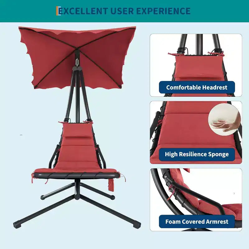 Acekool Chaise longue suspendue, Transat hamac incurvé avec auvent pour extérieur et intérieur, patio, jardin, rouge/vert/gris