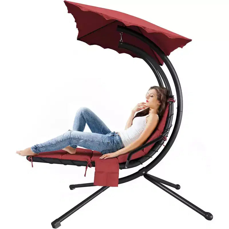 Acekool Chaise longue suspendue, Transat hamac incurvé avec auvent pour extérieur et intérieur, patio, jardin, rouge/vert/gris
