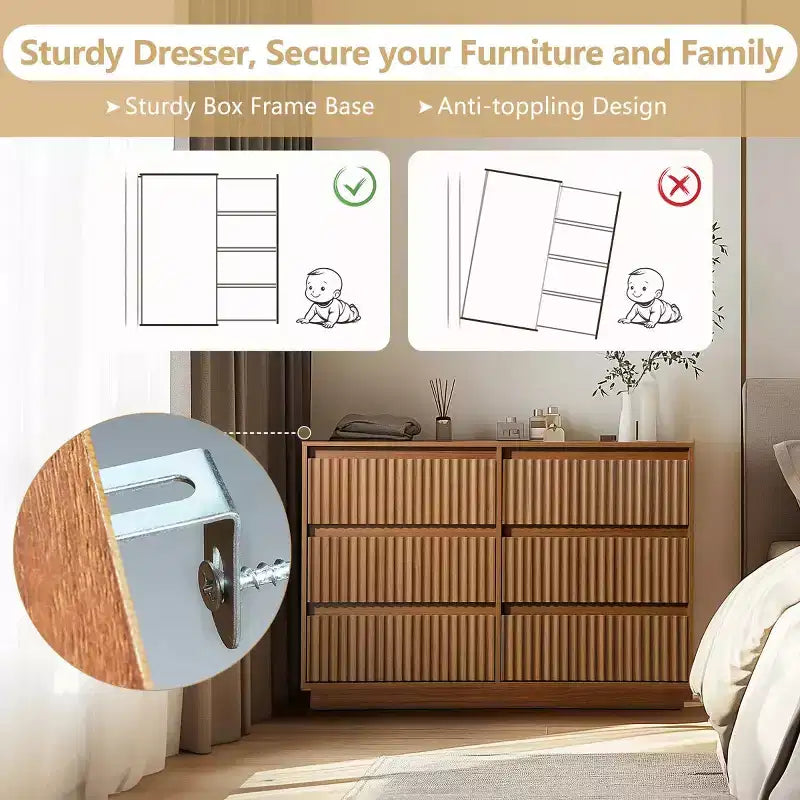 Commode 6 tiroirs KOLIGEY 119 cm de large avec panneaux cannelés ondulés