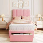Lit double Acekool pour enfants, cadre de lit rembourré en tissu bouclé avec tiroir de rangement, tête de lit ondulée et lattes en bois solides, sans sommier tapissier, rose