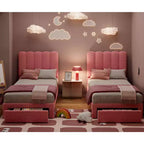 Lit double Acekool pour enfants, cadre de lit rembourré en tissu bouclé avec tiroir de rangement, tête de lit ondulée et lattes en bois solides, sans sommier tapissier, rose