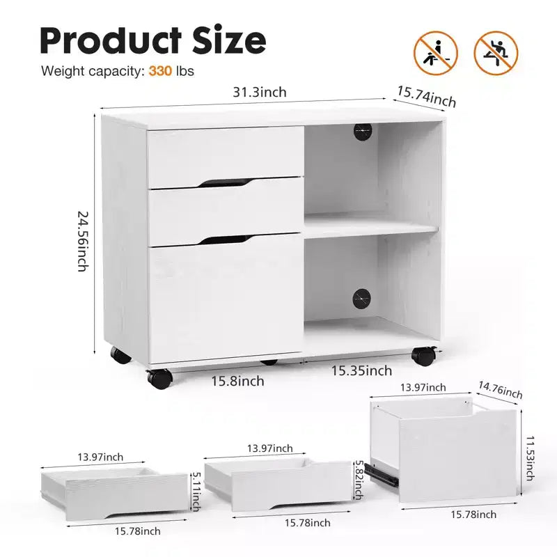 Classeur de rangement multiples TUYOHW à 3 tiroirs, meuble de rangement mobile silencieux pour la maison et le bureau, meuble sous bureau de 78,7 cm L x 61 cm H, 150 kg max.