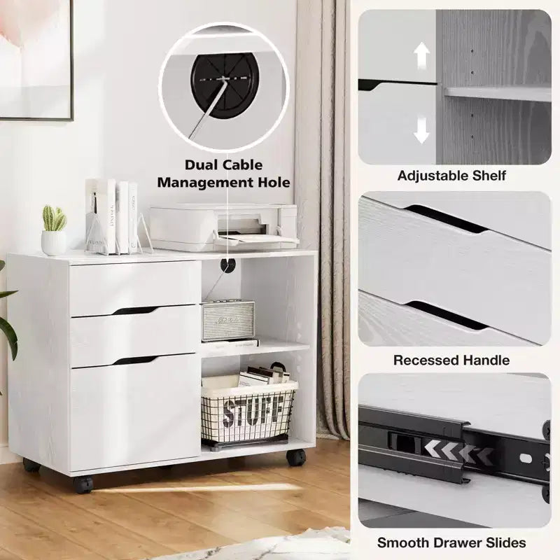 Classeur de rangement multiples TUYOHW à 3 tiroirs, meuble de rangement mobile silencieux pour la maison et le bureau, meuble sous bureau de 78,7 cm L x 61 cm H, 150 kg max.