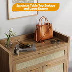 Meuble à chaussures en rotin rustique 32,4 – Organisateur de rangement de style bohème à 5 niveaux avec portes et étagères pour entrée, couloir et placard (finition chêne)
