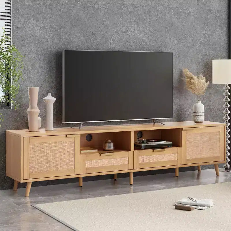 Meuble TV en rotin Clihome pour téléviseurs jusqu'à 85 pouces, console média moderne de style ferme, centre de divertissement avec pieds en bois massif, meuble TV pour salon