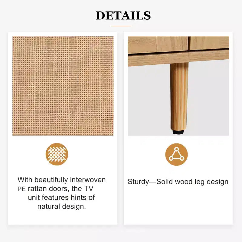 Meuble TV en rotin Clihome pour téléviseurs jusqu'à 85 pouces, console média moderne de style ferme, centre de divertissement avec pieds en bois massif, meuble TV pour salon