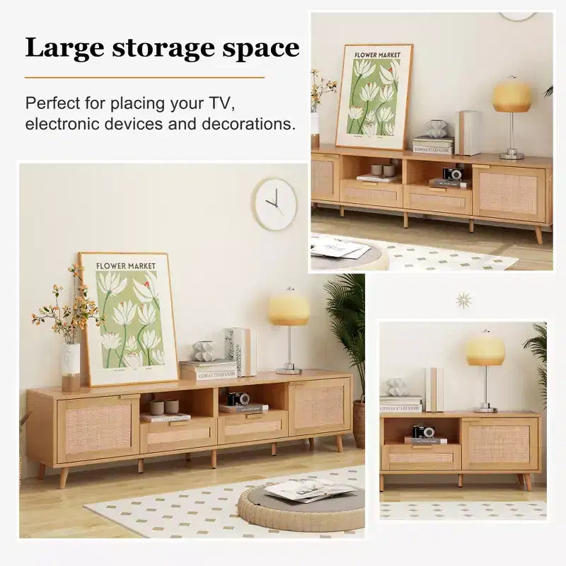 Meuble TV en rotin Clihome pour téléviseurs jusqu'à 85 pouces, console média moderne de style ferme, centre de divertissement avec pieds en bois massif, meuble TV pour salon