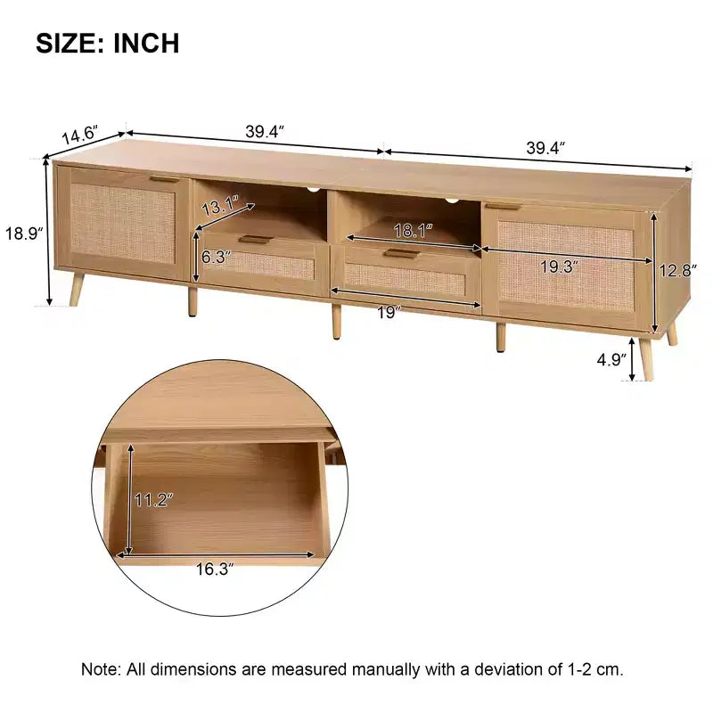 Meuble TV en rotin Clihome pour téléviseurs jusqu'à 85 pouces, console média moderne de style ferme, centre de divertissement avec pieds en bois massif, meuble TV pour salon