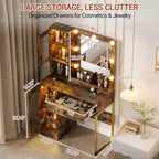 Coiffeuse moderne avec miroir, station de recharge, tiroirs de rangement spacieux et armoires à portes acryliques, table de maquillage en bois pour chambre à coucher