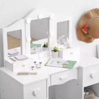 Coiffeuse pour Filles avec Miroir Triple, Table et Tabouret de Maquillage en Bois 2 en 1, Bureau de Maquillage de Princesse avec Tiroir pour Petites Filles